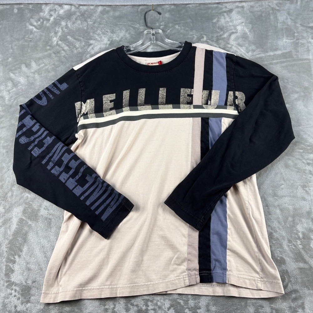 VTG Guess T-Shirt Mens XL X448K303 Black Beige Meilleur Graphic Long Sleeve EUC